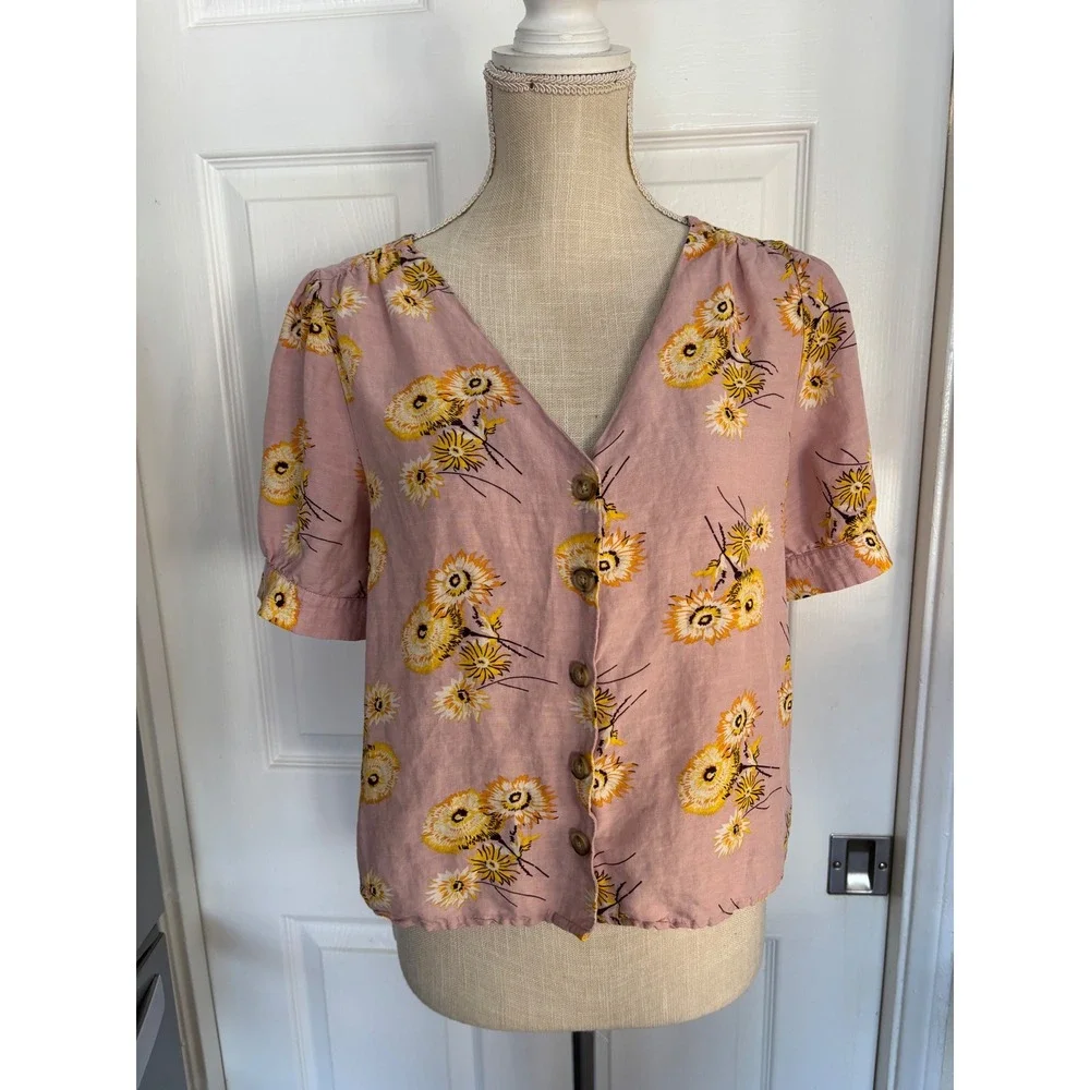 Madewell Button Front Blouse Size M Pink Yellow Floral Linen Blend Puff Sleeve